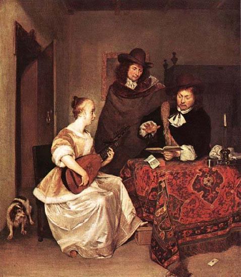 TERBORCH, Gerard A Young Woman Playing a Theorbo to Two Men Germany oil painting art